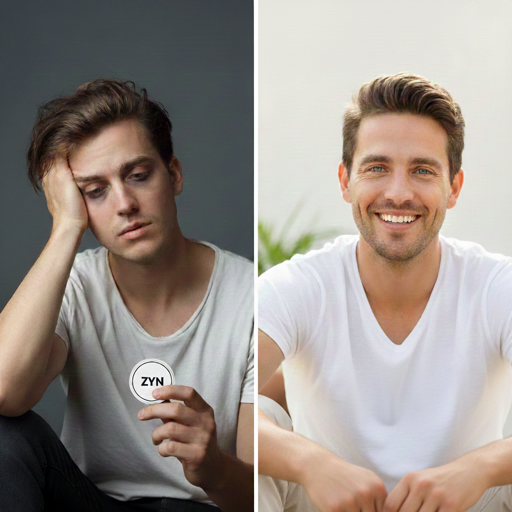 Before and after: man struggling with nicotine pouches vs man thriving after quitting